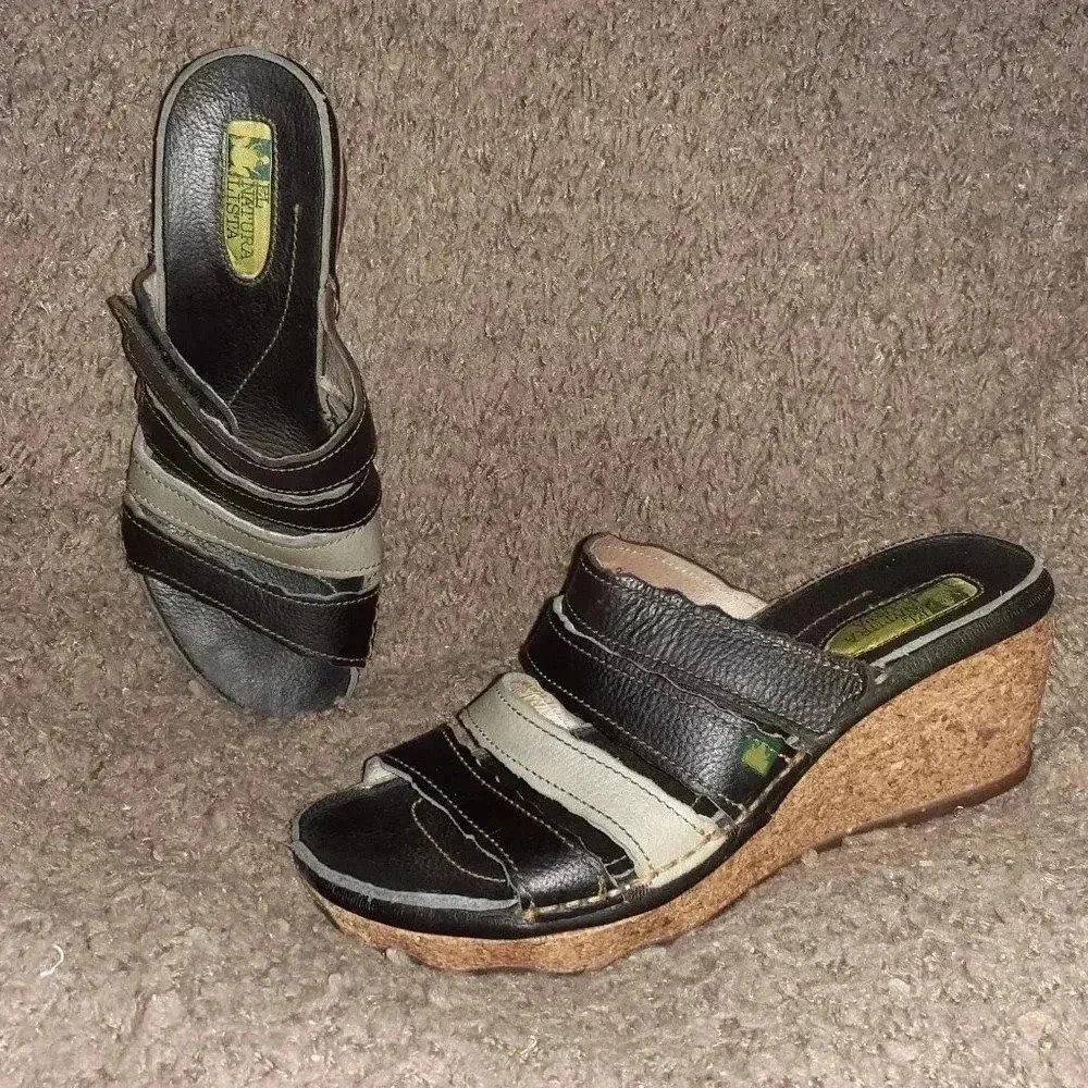 EL NATURALISTA-N402 Cork Oak Wedge Sandal-Black/Gray-Size 38-Excellent